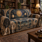 Vintage Solar System Reading Nook Sofa Cover with flat printed optical 3D antique sun engraved planets and orbital rings through observatory arches in brass navy sepia and teal