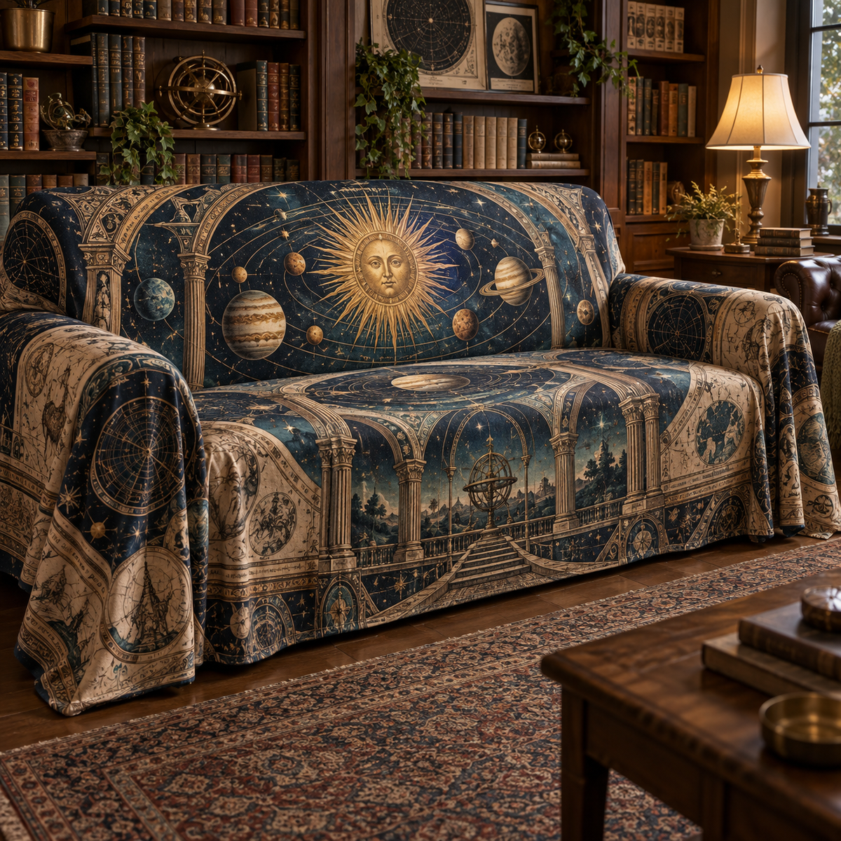 Vintage Solar System Reading Nook Sofa Cover with flat printed optical 3D antique sun engraved planets and orbital rings through observatory arches in brass navy sepia and teal