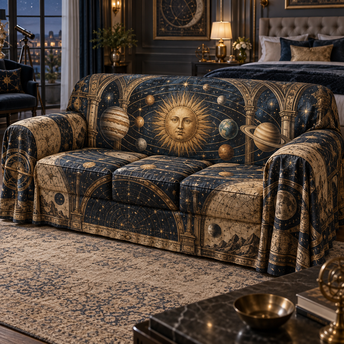 Vintage Solar System Bedroom Statement Sofa Cover with flat printed optical 3D antique sun engraved planets and orbital rings through observatory arches in brass navy sepia and teal
