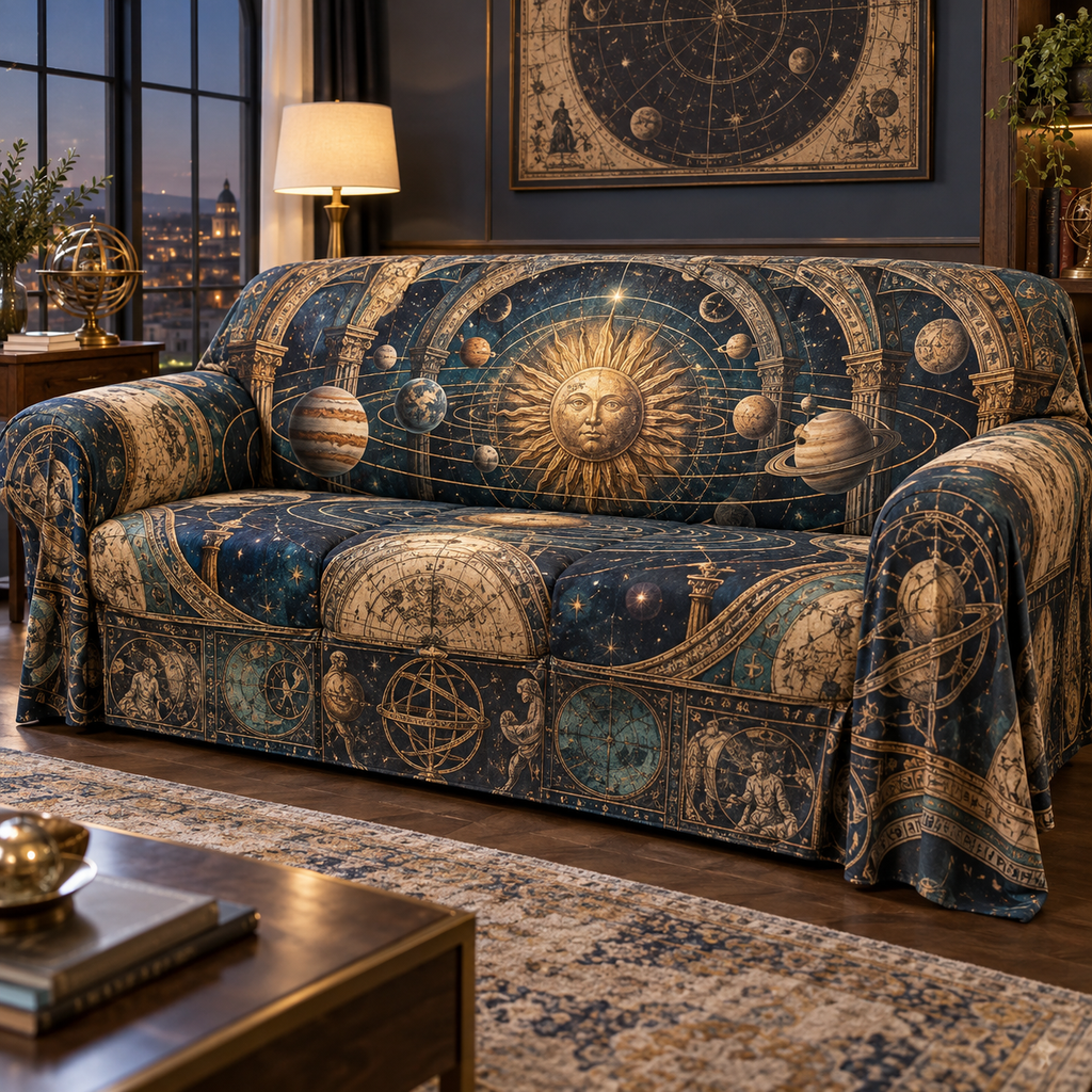 Vintage Solar System Living Room Sofa Cover with flat printed optical 3D antique sun engraved planets and orbital rings through observatory arches in brass navy sepia and teal