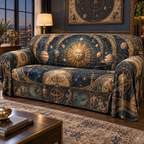 Vintage Solar System Living Room Sofa Cover with flat printed optical 3D antique sun engraved planets and orbital rings through observatory arches in brass navy sepia and teal