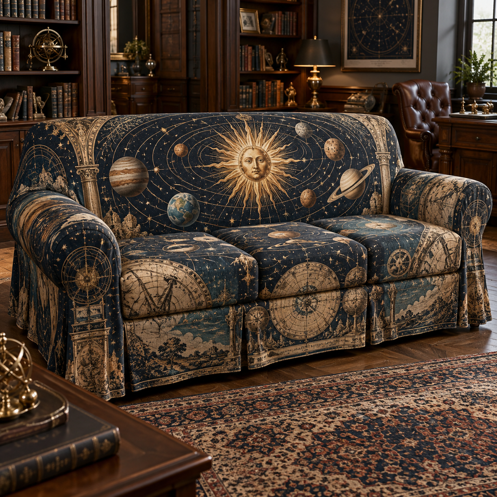 Vintage Solar System Home Office Sofa Cover with flat printed optical 3D antique sun engraved planets and orbital rings through observatory arches in brass navy sepia and teal