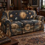 Vintage Solar System Home Office Sofa Cover with flat printed optical 3D antique sun engraved planets and orbital rings through observatory arches in brass navy sepia and teal