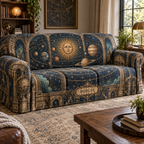Vintage Solar System Housewarming Sofa Cover with sample family name printed in optical 3D antique sun engraved planets and orbital rings through observatory arches