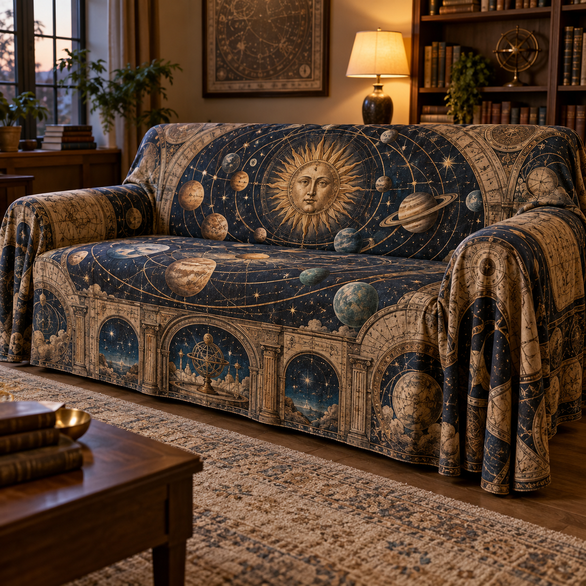 Vintage Solar System Quiet Corner Sofa Cover with flat printed optical 3D antique sun engraved planets and orbital rings through observatory arches in brass navy sepia and teal