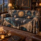 Vintage Solar System Collector Sofa Cover with flat printed optical 3D antique sun engraved planets and orbital rings through observatory arches in brass navy sepia and teal