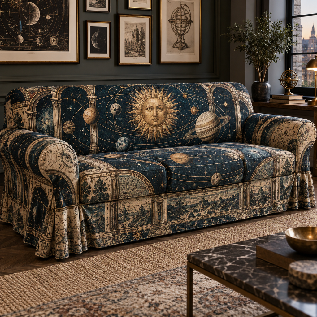 Vintage Solar System Apartment Gallery Sofa Cover with flat printed optical 3D antique sun engraved planets and orbital rings through observatory arches in brass navy sepia and teal