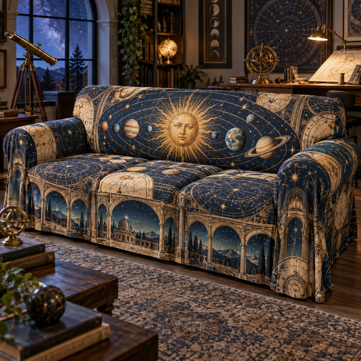 Vintage Solar System Hobby Studio Sofa Cover with flat printed optical 3D antique sun engraved planets and orbital rings through observatory arches in brass navy sepia and teal