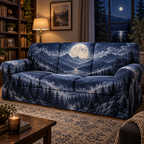 Moon Mountain Landscape Reading Nook Sofa Cover with flat printed optical 3D moonlit mountain ridges, alpine valley and silver pines in indigo, pewter and ivory