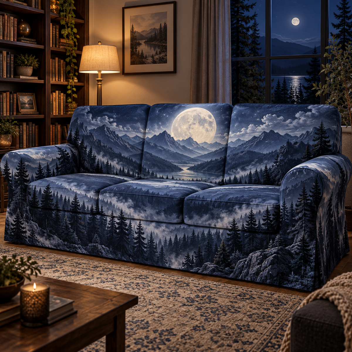 Moon Mountain Landscape Reading Nook Sofa Cover with flat printed optical 3D moonlit mountain ridges, alpine valley and silver pines in indigo, pewter and ivory