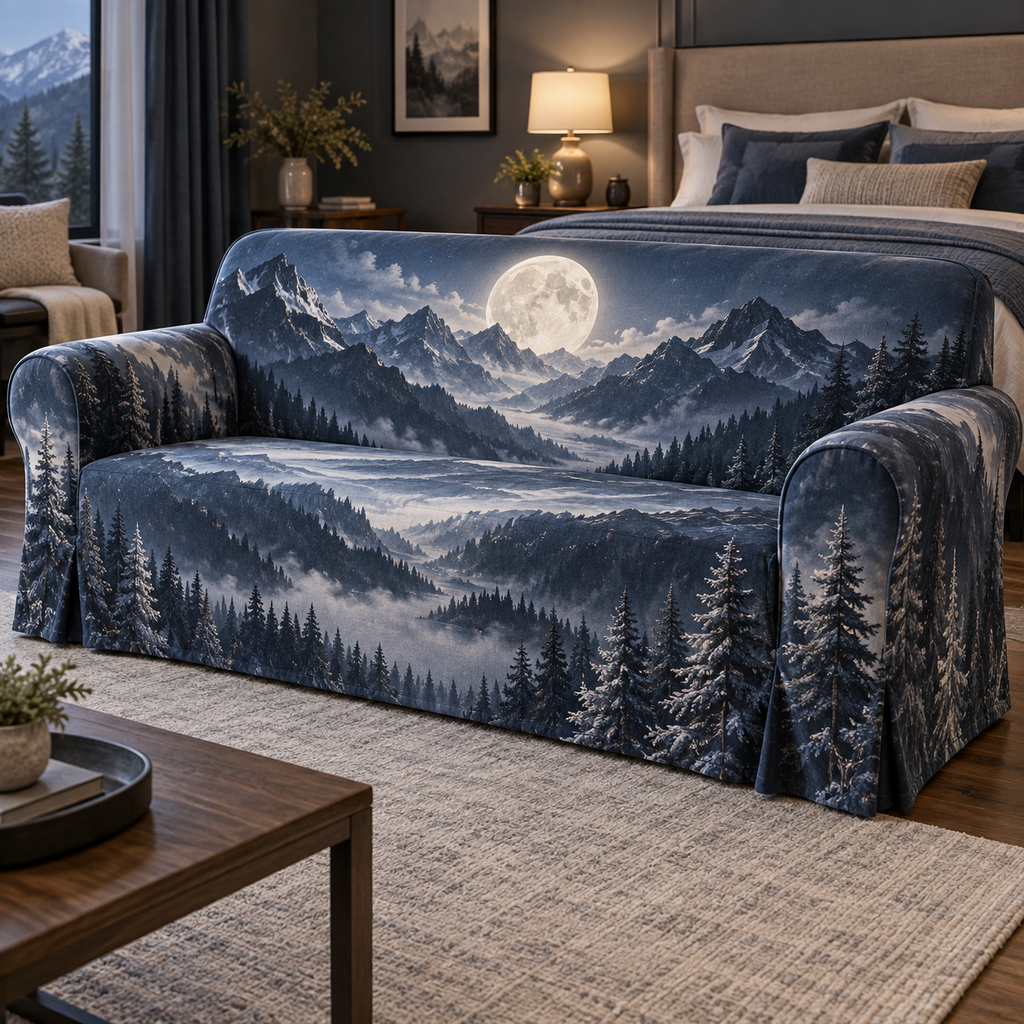 Moon Mountain Landscape Bedroom Decor Sofa Cover with flat printed optical 3D moonlit mountain ridges, alpine valley and silver pines in indigo, pewter and ivory