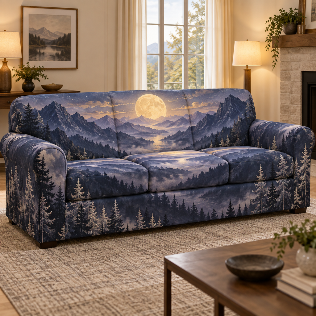 Moon Mountain Landscape Living Room Sofa Cover with flat printed optical 3D moonlit mountain ridges, alpine valley and silver pines in indigo, pewter and ivory