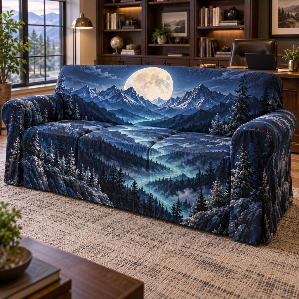 Moon Mountain Landscape Home Office Sofa Cover with flat printed optical 3D moonlit mountain ridges, alpine valley and silver pines in indigo, pewter and ivory