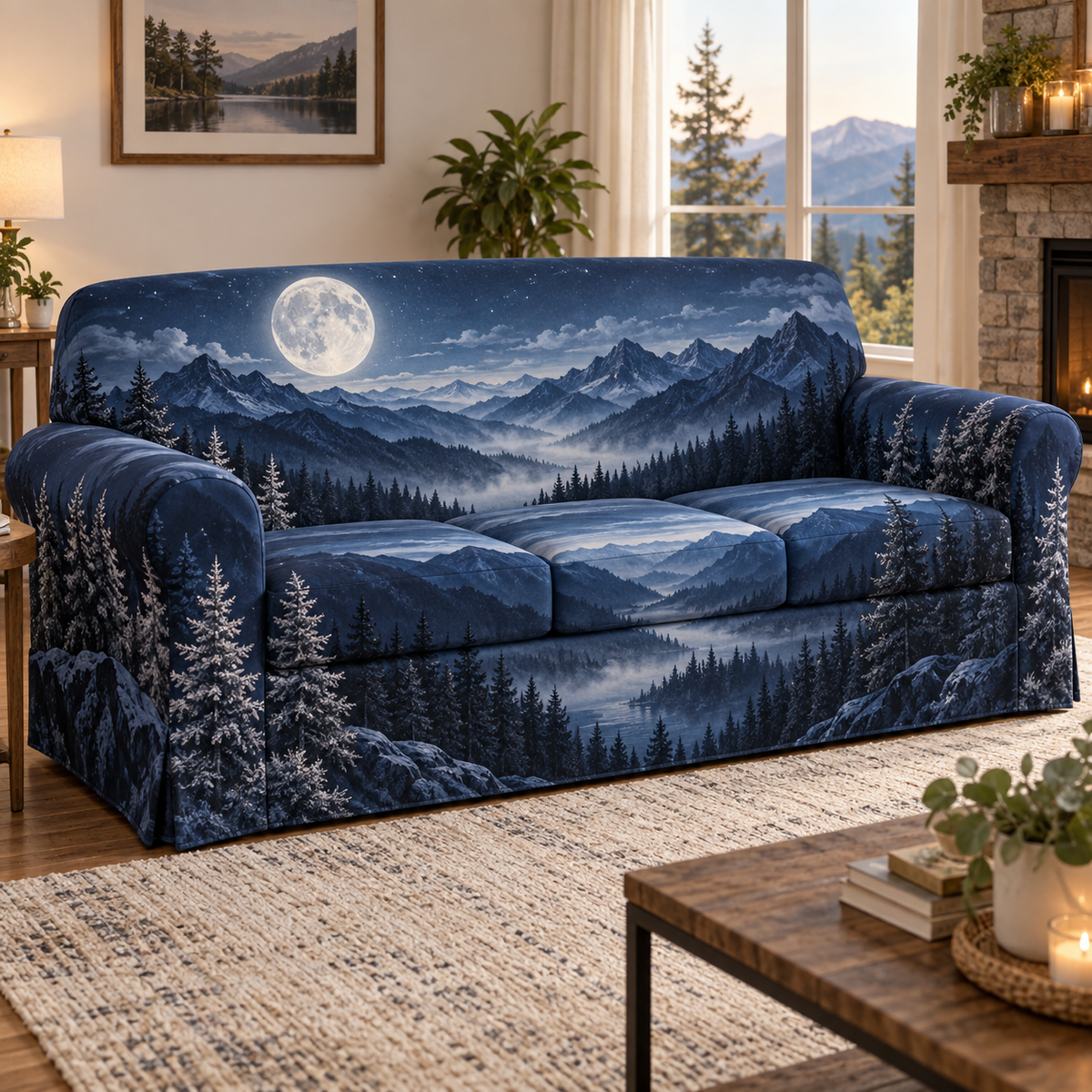 Moon Mountain Housewarming Sofa Cover with flat printed optical 3D moonlit alpine ridges, valley and silver pines in a housewarming setting; personalization preview has no name shown