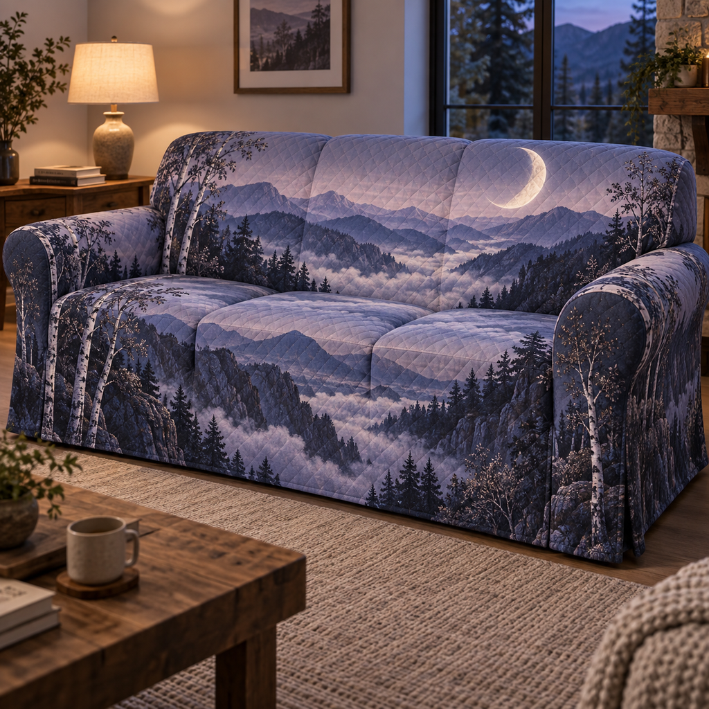 Moon Mountain Quiet Corner Sofa Cover with flat printed optical 3D crescent-lit smoky lavender mountain ridges, cloud valley and silver birches