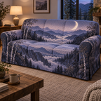 Moon Mountain Quiet Corner Sofa Cover with flat printed optical 3D crescent-lit smoky lavender mountain ridges, cloud valley and silver birches
