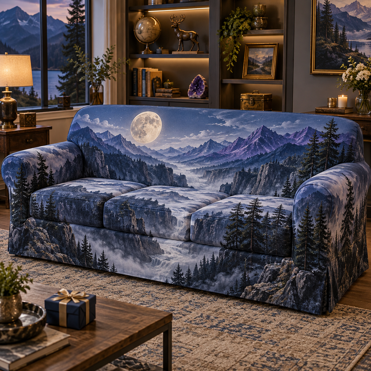 Moon Mountain Collector Sofa Cover with flat printed optical 3D pearl moon, cobalt and amethyst cliffs and silver mist gorge