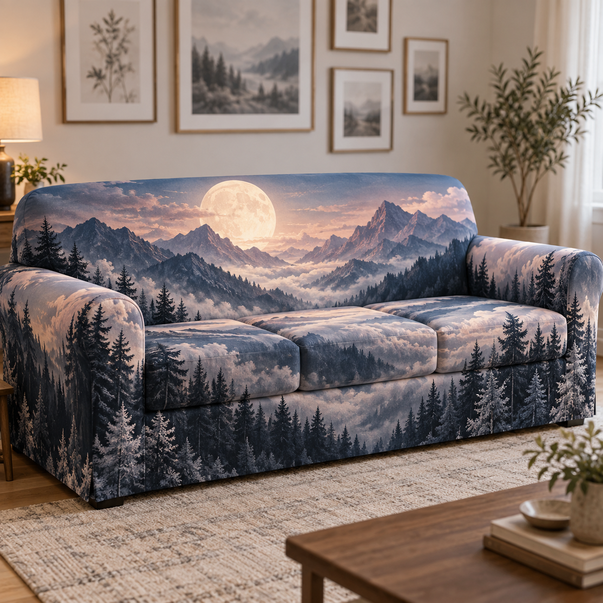 Moon Mountain Apartment Gallery Sofa Cover with flat printed optical 3D ivory moon, ink-blue and dusty rose alpine peaks and silver firs