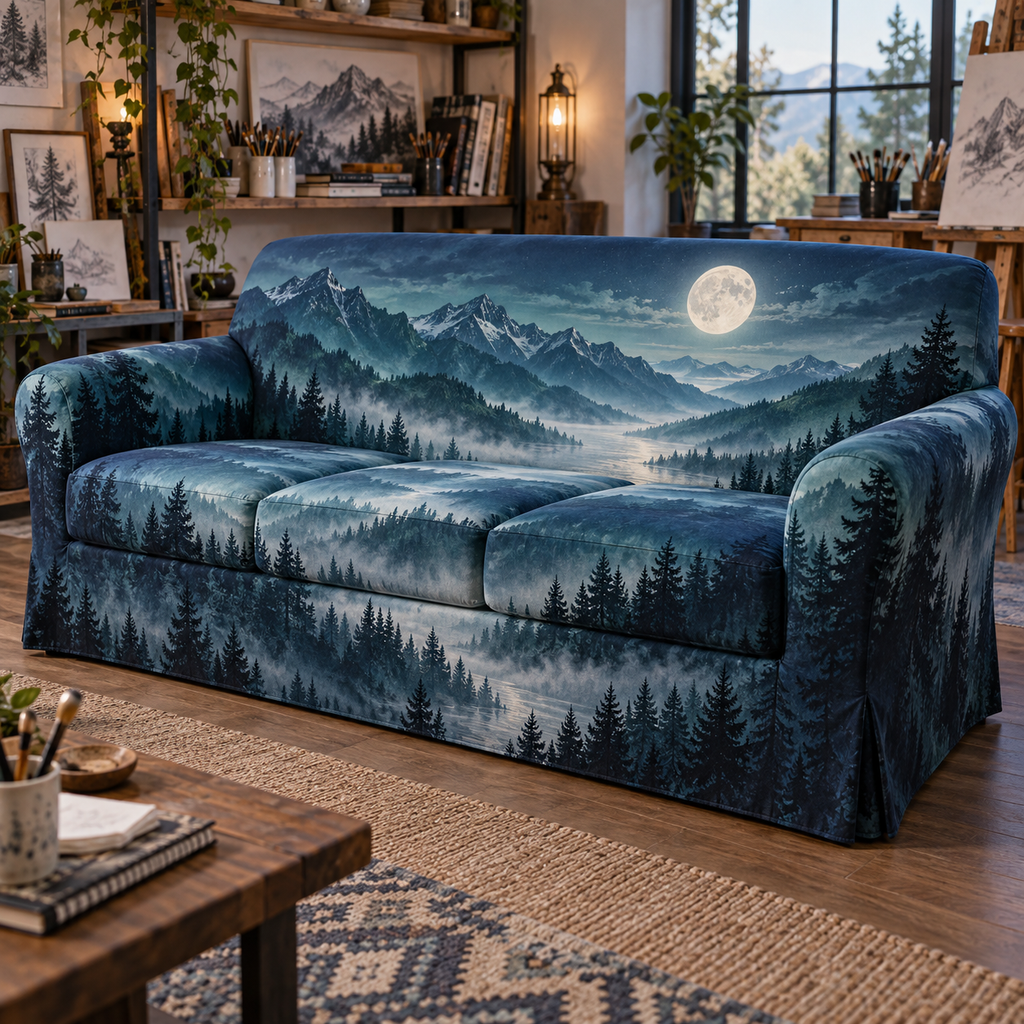 Moon Mountain Hobby Studio Sofa Cover with flat printed optical 3D moonlit jade-teal ridges, silver-mist valley and pines