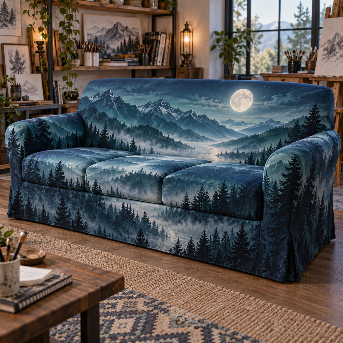 Moon Mountain Hobby Studio Sofa Cover with flat printed optical 3D moonlit jade-teal ridges, silver-mist valley and pines