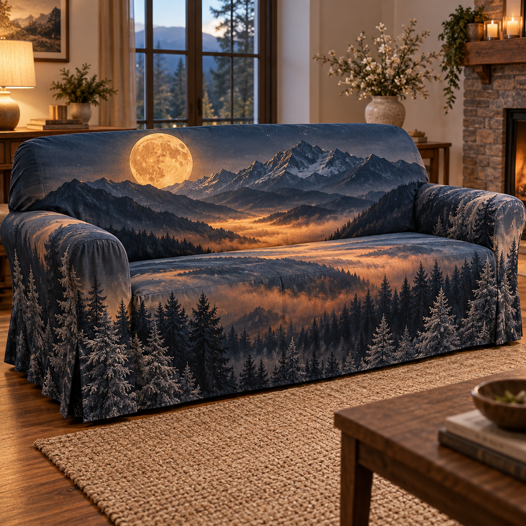 Moon Mountain Host Gift Sofa Cover with flat printed optical 3D amber moon, midnight-blue and graphite ridges and copper mist
