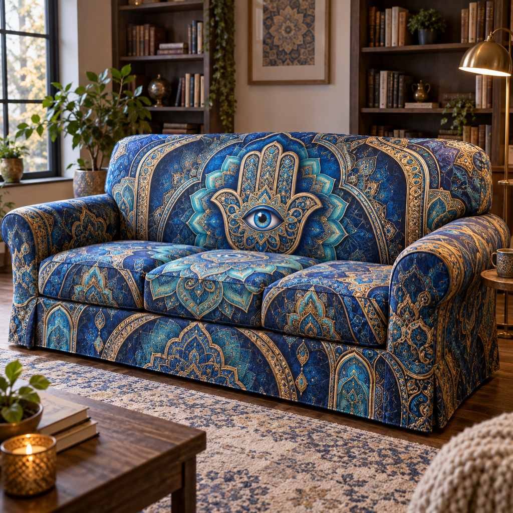 Hamsa Eye Reading Nook Sofa Cover with flat printed optical 3D cobalt turquoise and antique-gold Hamsa hand, sapphire eye and geometric filigree
