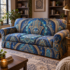 Hamsa Eye Reading Nook Sofa Cover with flat printed optical 3D cobalt turquoise and antique-gold Hamsa hand, sapphire eye and geometric filigree