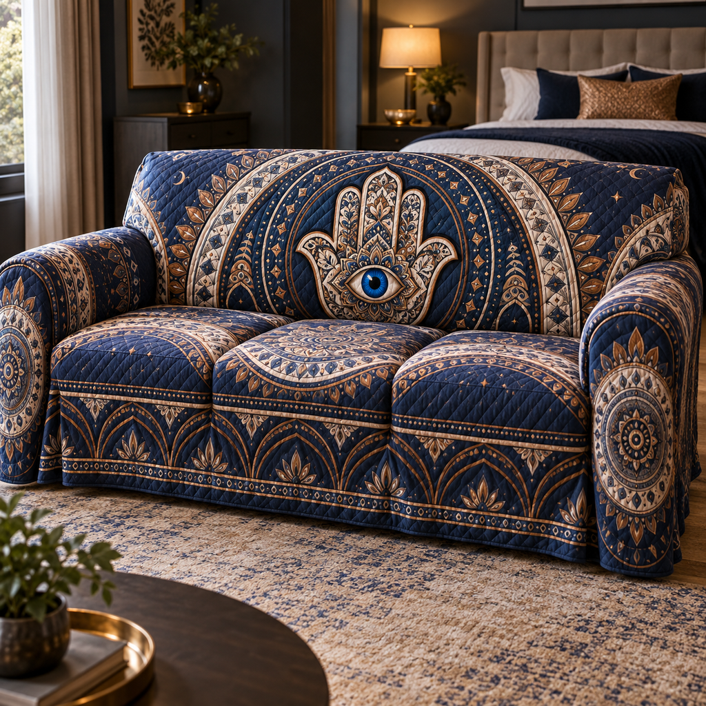 Hamsa Eye Bedroom Decor Sofa Cover with flat printed optical 3D Hamsa hand, lapis-blue eye and indigo copper ivory filigree