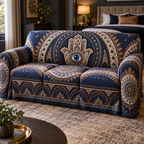Hamsa Eye Bedroom Decor Sofa Cover with flat printed optical 3D Hamsa hand, lapis-blue eye and indigo copper ivory filigree