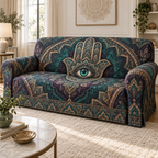 Hamsa Eye Living Room Sofa Cover with flat printed optical 3D Hamsa hand, emerald eye and teal plum bronze filigree