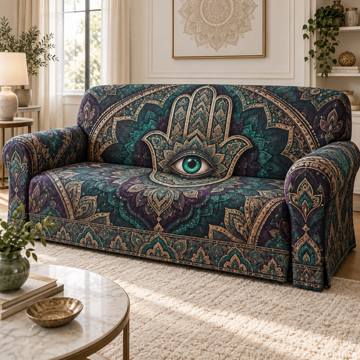 Hamsa Eye Living Room Sofa Cover with flat printed optical 3D Hamsa hand, emerald eye and teal plum bronze filigree