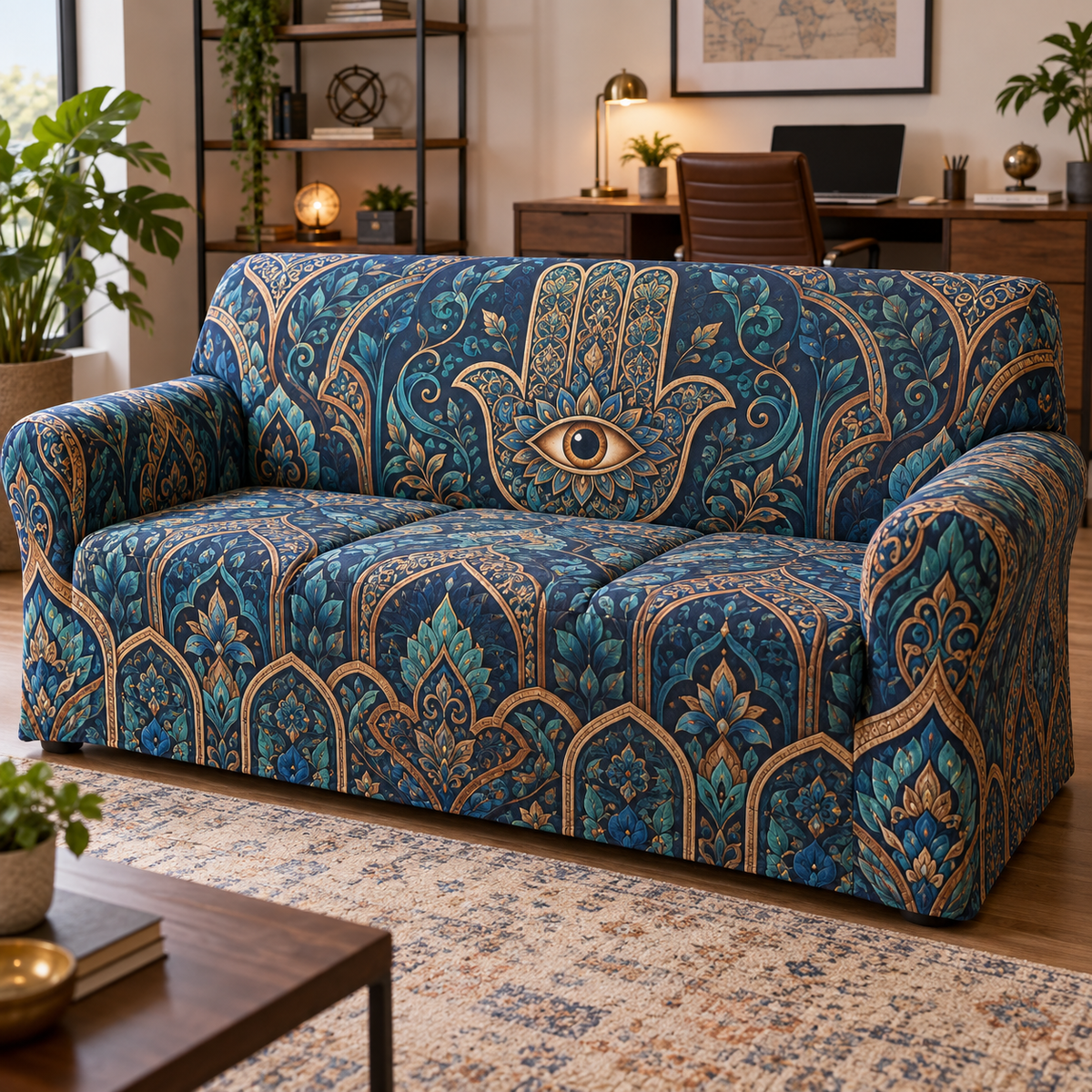 Hamsa Eye Home Office Sofa Cover with flat printed optical 3D Hamsa hand, amber eye and ultramarine jade copper filigree
