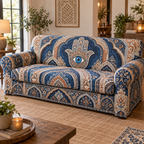 Hamsa Eye Housewarming Sofa Cover with flat printed optical 3D Hamsa hand, sapphire eye and midnight-blue terracotta ivory filigree; no sample name shown
