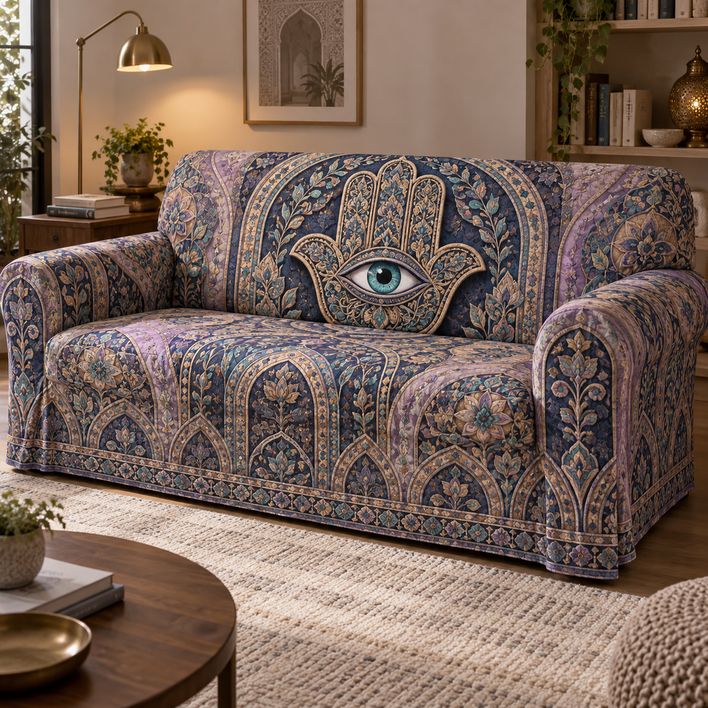Hamsa Eye Quiet Corner Sofa Cover with flat printed optical 3D Hamsa hand, aquamarine eye and lilac midnight-blue brass mosaic filigree