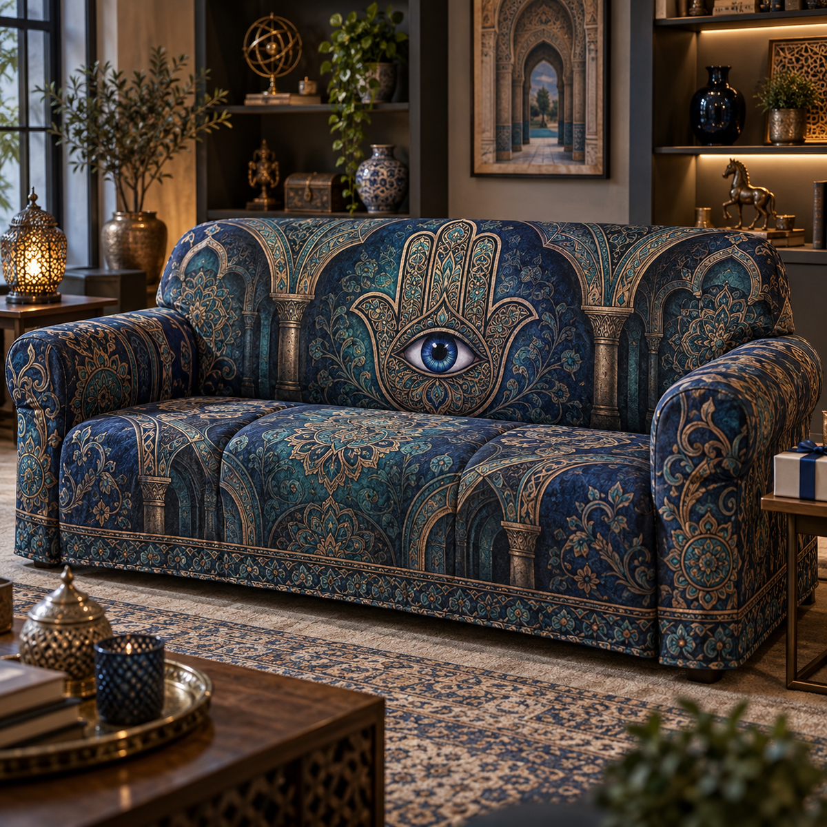 Hamsa Eye Collector Sofa Cover with flat printed optical 3D Hamsa hand, dark sapphire eye and indigo oxidized-teal antique-bronze filigree