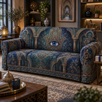 Hamsa Eye Collector Sofa Cover with flat printed optical 3D Hamsa hand, dark sapphire eye and indigo oxidized-teal antique-bronze filigree