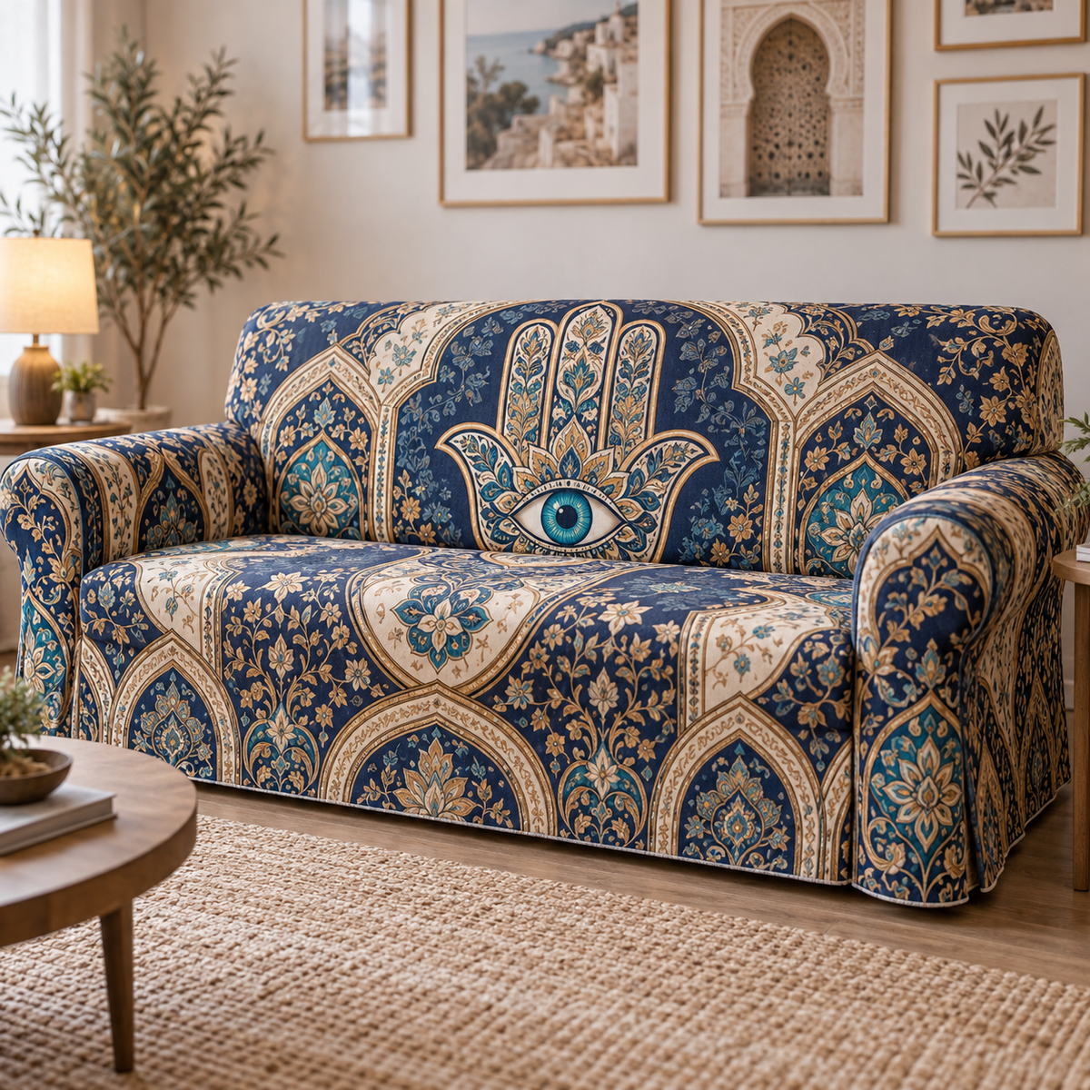Hamsa Eye Apartment Gallery Sofa Cover with flat printed optical 3D Hamsa hand, turquoise eye and indigo pearl old-gold mosaic filigree