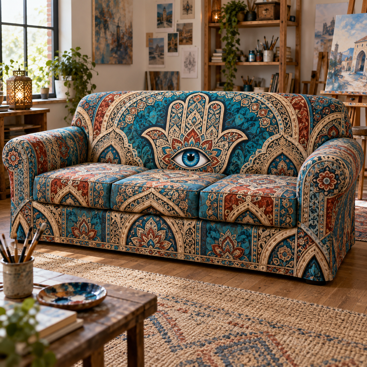 Hamsa Eye Hobby Studio Sofa Cover with flat printed optical 3D Hamsa hand, cobalt eye and turquoise rust-red parchment filigree
