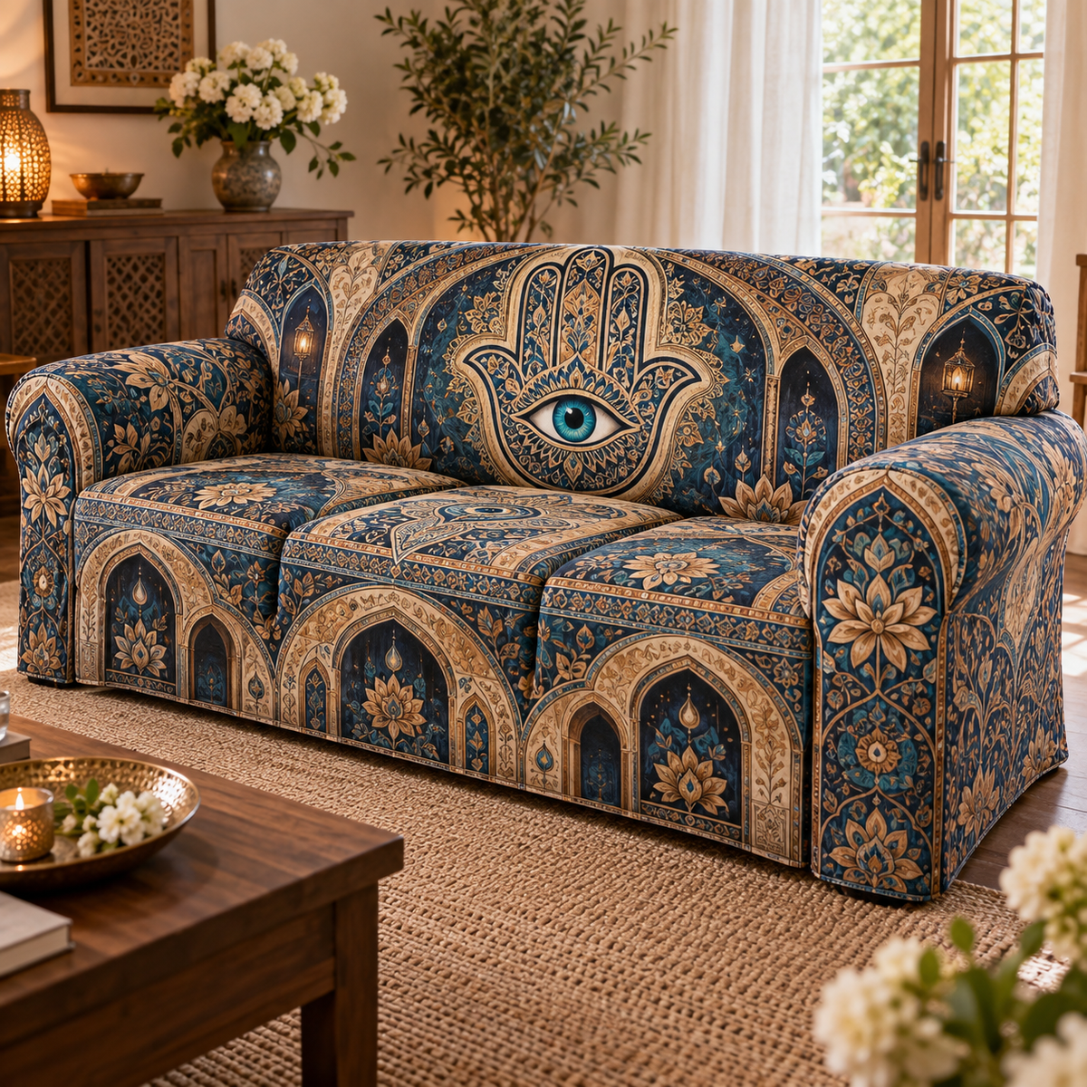 Hamsa Eye Host Gift Sofa Cover with flat printed optical 3D Hamsa hand, deep teal eye and sapphire sand copper filigree