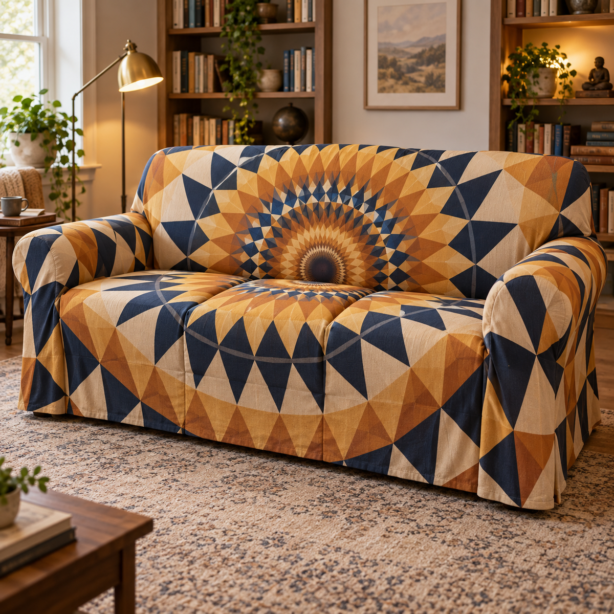 Geometric Sunburst Reading Nook Sofa Cover with flat printed optical 3D faceted amber golden-ochre rays, navy and cream tessellated bands