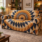 Geometric Sunburst Reading Nook Sofa Cover with flat printed optical 3D faceted amber golden-ochre rays, navy and cream tessellated bands
