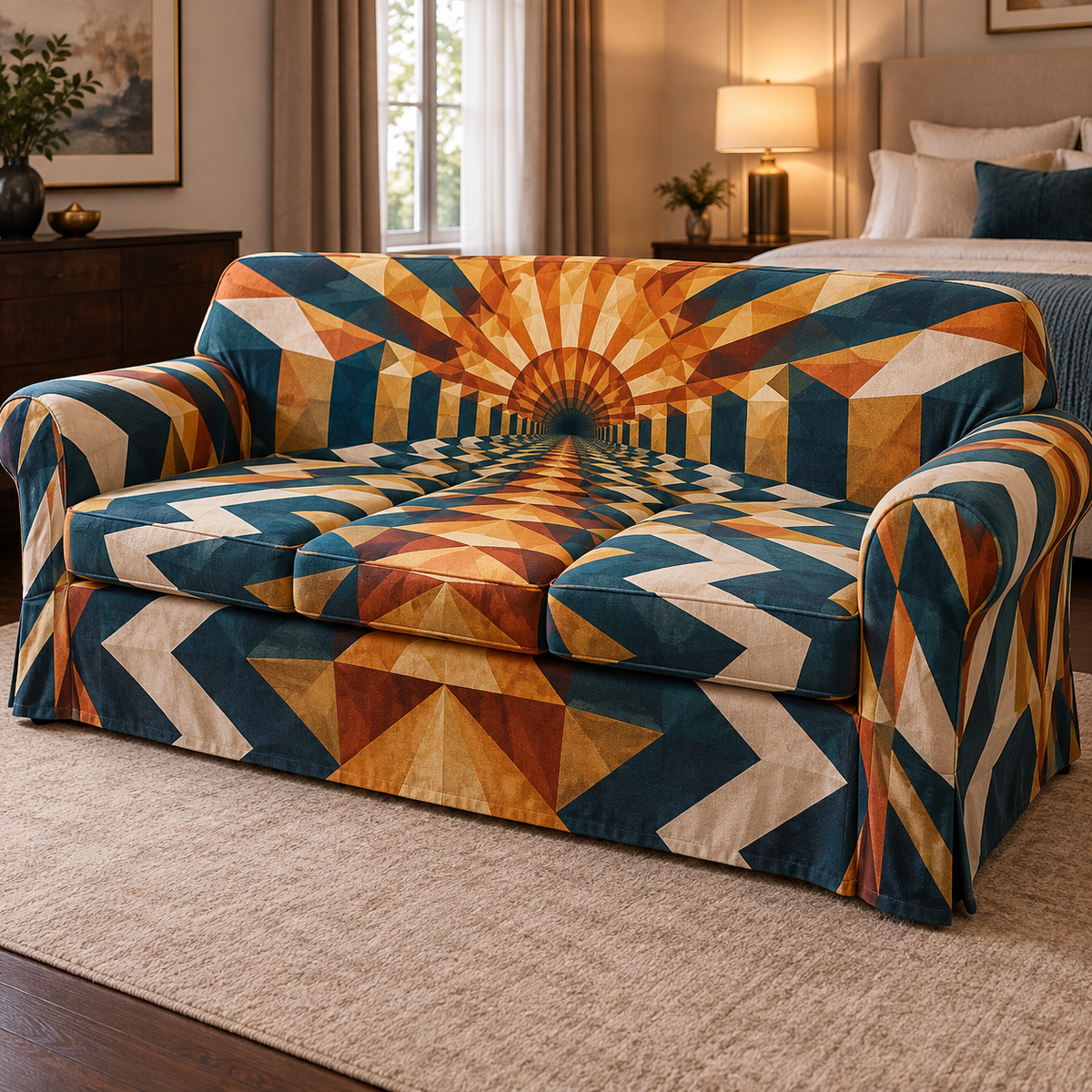 Geometric Sunburst Bedroom Decor Sofa Cover with flat printed optical 3D burnt-orange and antique-gold sunburst rays with petrol-blue ivory bands