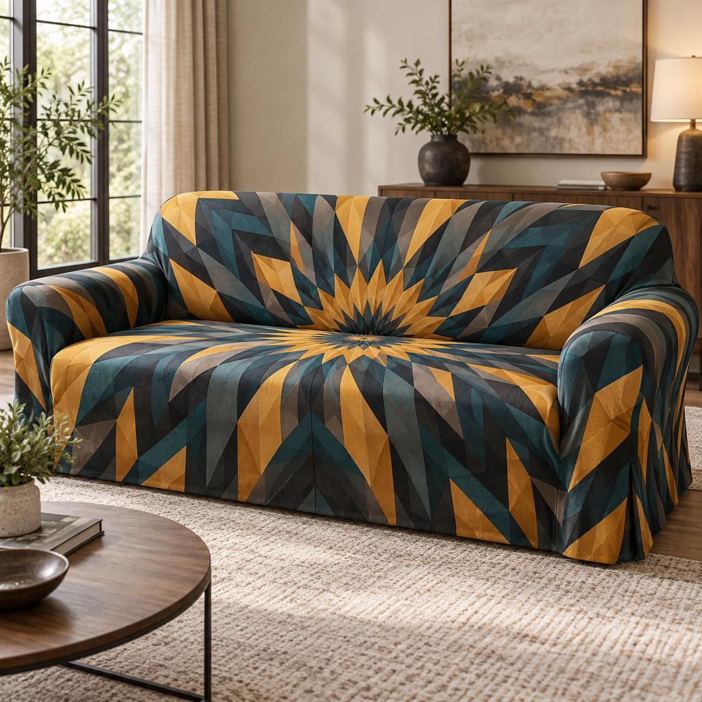 Geometric Sunburst Living Room Sofa Cover with flat printed optical 3D saffron-gold sunburst rays and charcoal deep-teal chevrons