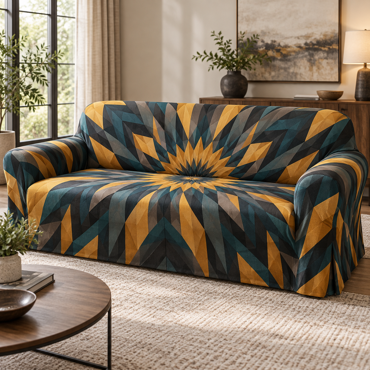Geometric Sunburst Living Room Sofa Cover with flat printed optical 3D saffron-gold sunburst rays and charcoal deep-teal chevrons
