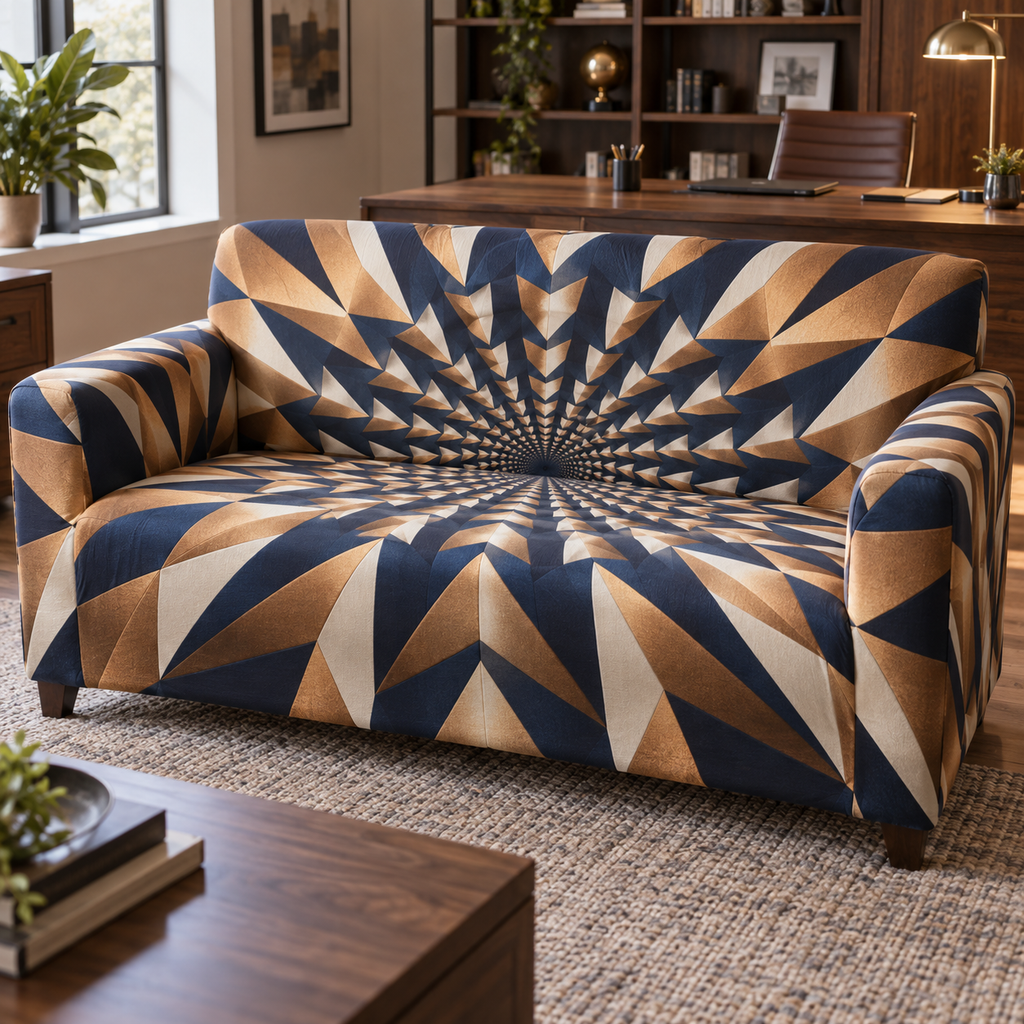 Geometric Sunburst Home Office Sofa Cover with flat printed optical 3D copper-gold sunburst rays and navy-ivory chevrons