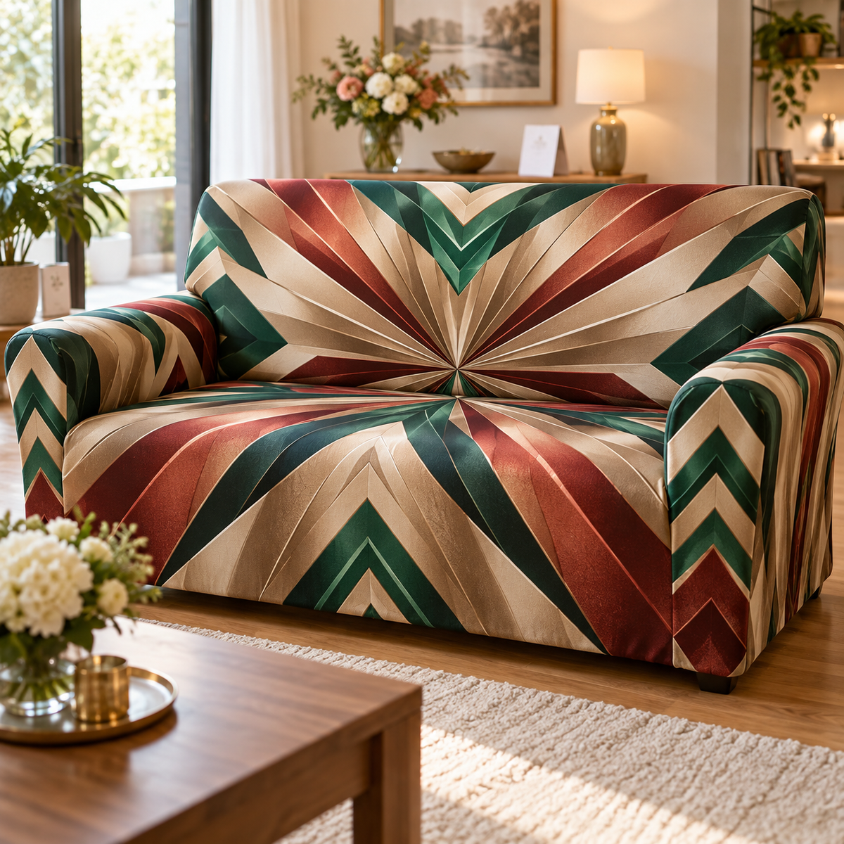 Geometric Sunburst Housewarming Sofa Cover with flat printed optical 3D copper-champagne sunburst rays and emerald-ivory facets
