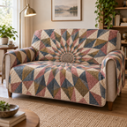 Geometric Sunburst Quiet Corner Sofa Cover with flat printed optical 3D dusty-rose and antique-brass sunburst rays and slate-blue facets