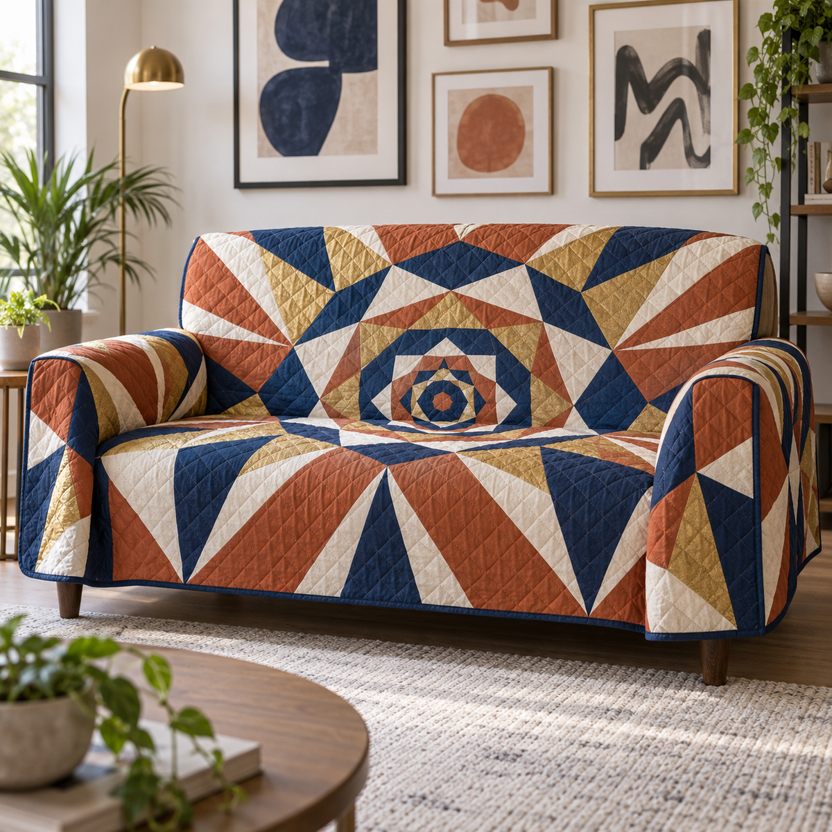 Geometric Sunburst Apartment Sofa Cover with flat printed optical 3D terracotta and ultramarine sunburst rays and ivory facets