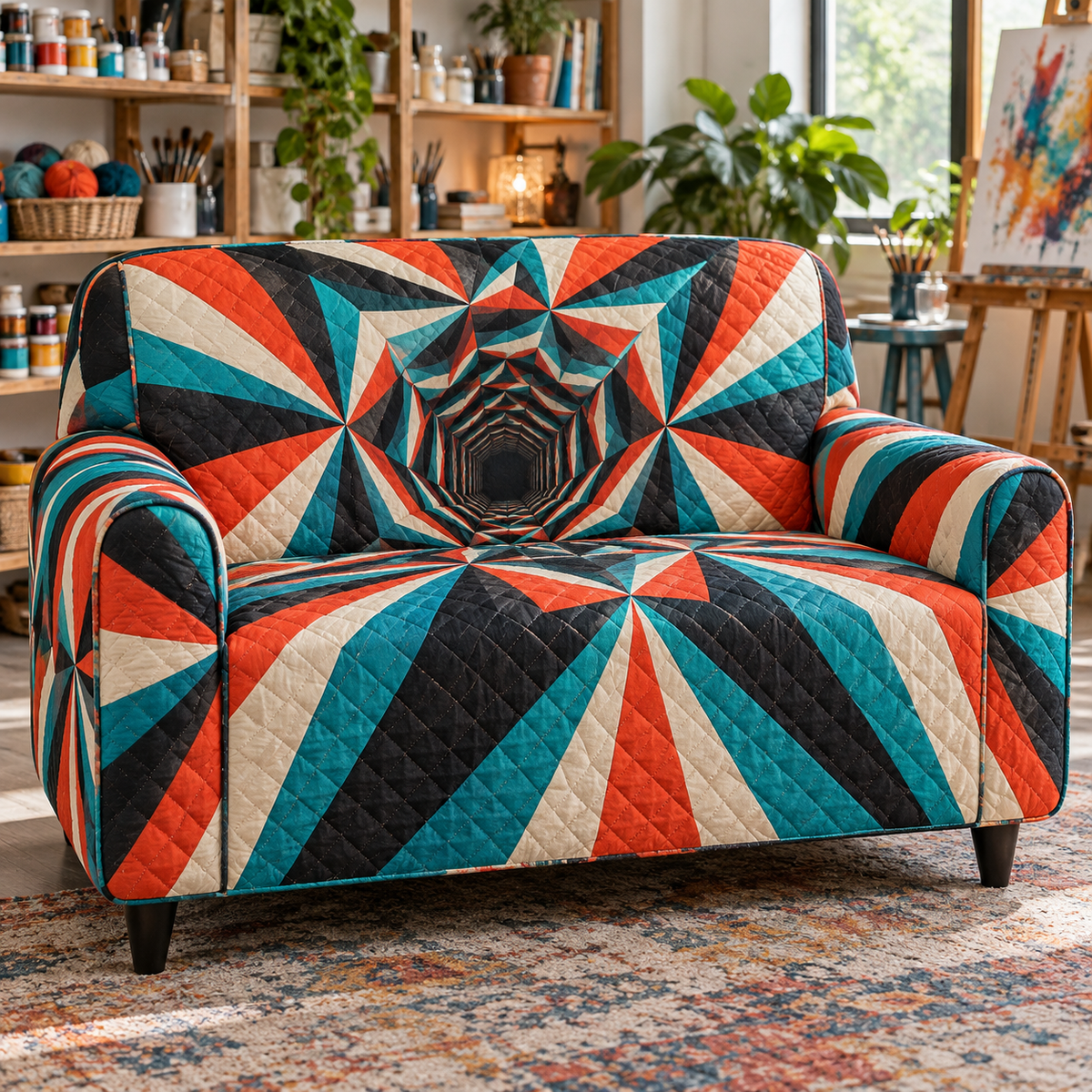 Geometric Sunburst Hobby Studio Sofa Cover with flat printed optical 3D vermilion and teal sunburst rays and ivory facets
