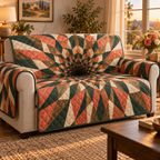 Geometric Sunburst Host Gift Sofa Cover with flat printed optical 3D sunset-coral and forest-green sunburst rays and cream facets